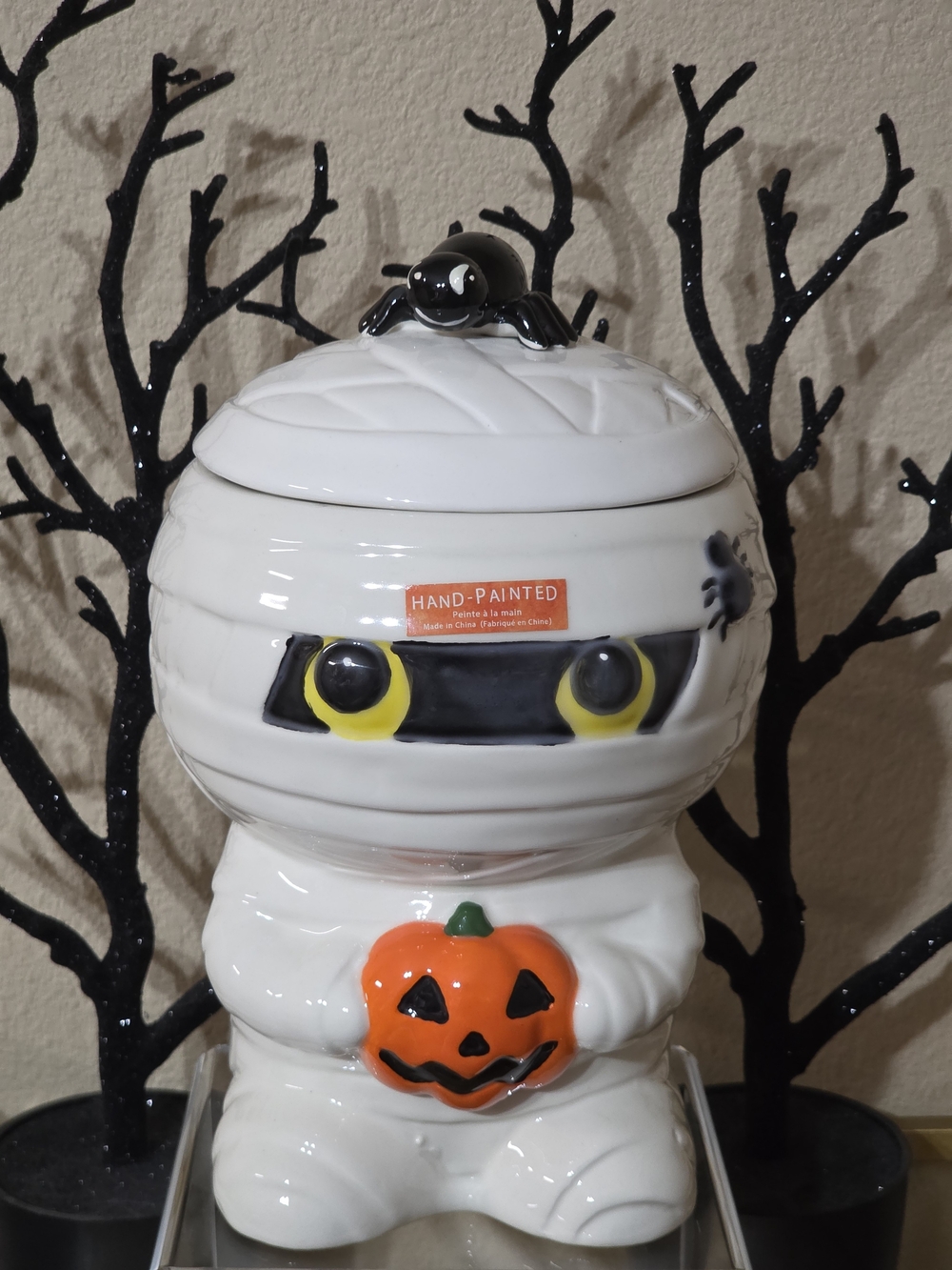 Hand-Painted White Mummy Cookie Jar with Pumpkin - Halloween Holiday Decor